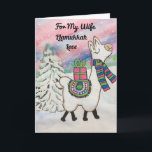 Llamukkah For My Wife Happy Hanukkah Holiday Card<br><div class="desc">Give a special Hanukkah greeting with a "Llamukkah Love" holiday card for your wife. The design was created from my watercolor painting showing a sassy and cute llama prancing across the winter snow accented with blue, green and pink colors. The card is whimsical and stylish, perfect for a modern and...</div>