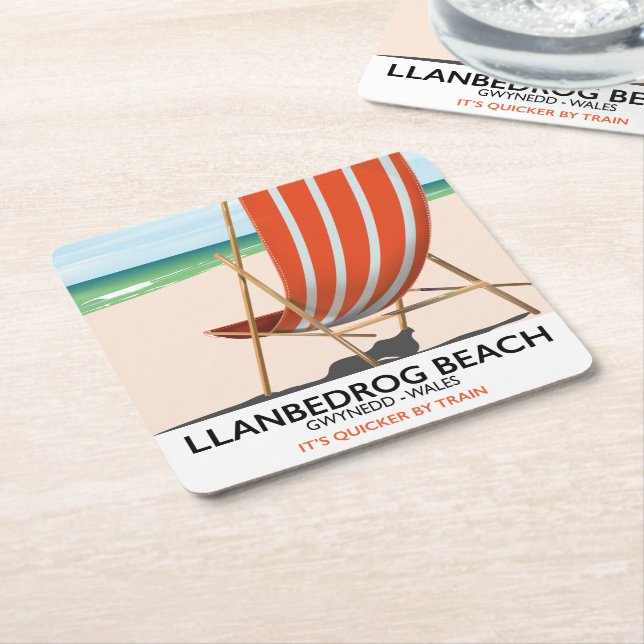 Llanbedrog Beach, Gwynedd Wales seaside poster Square Paper Coaster (Angled)