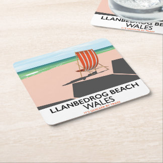 Llanbedrog beach Wales beach travel poster Square Paper Coaster