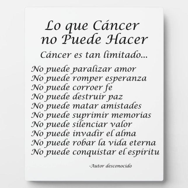 Lo que Cancer no Puede Hacer Poem Plaque (Front)