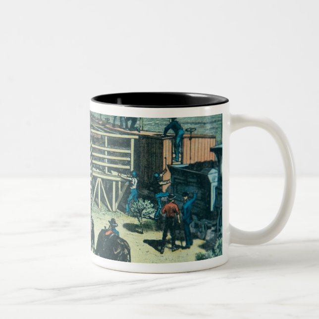 Loading Texas cattle onto a train at Abilene railh Two-Tone Coffee Mug (Right)