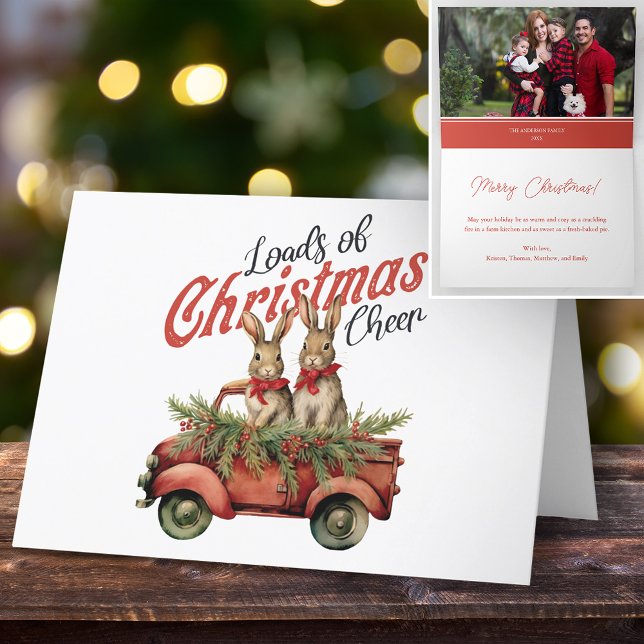 Loads of Christmas Cheer Rabbits in Red Truck Holiday Card (Creator Uploaded)