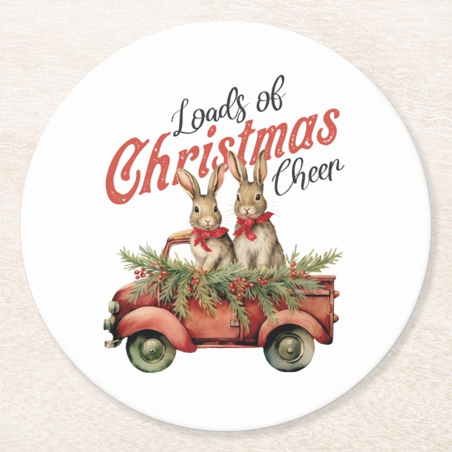 Loads of Christmas Cheer Rabbits in Red Truck Round Paper Coaster (Front)