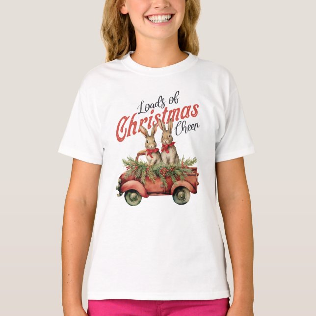 Loads of Christmas Cheer Rabbits in Red Truck T-Shirt (Front)