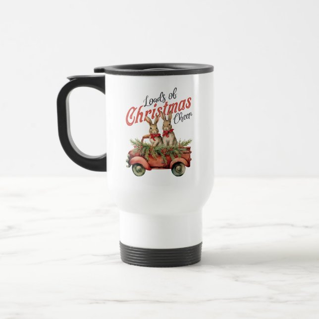Loads of Christmas Cheer Rabbits in Red Truck Travel Mug (Left)