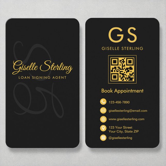 Loan Signing Agent Monogram Black Gold QR Code Business Card (Creator Uploaded)
