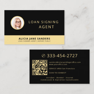 Loan signing agent photo QR code black gold notary Business Card
