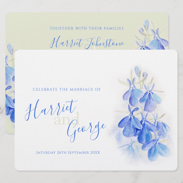 Lobelia blue floral green back wedding invitations (Front/Back)