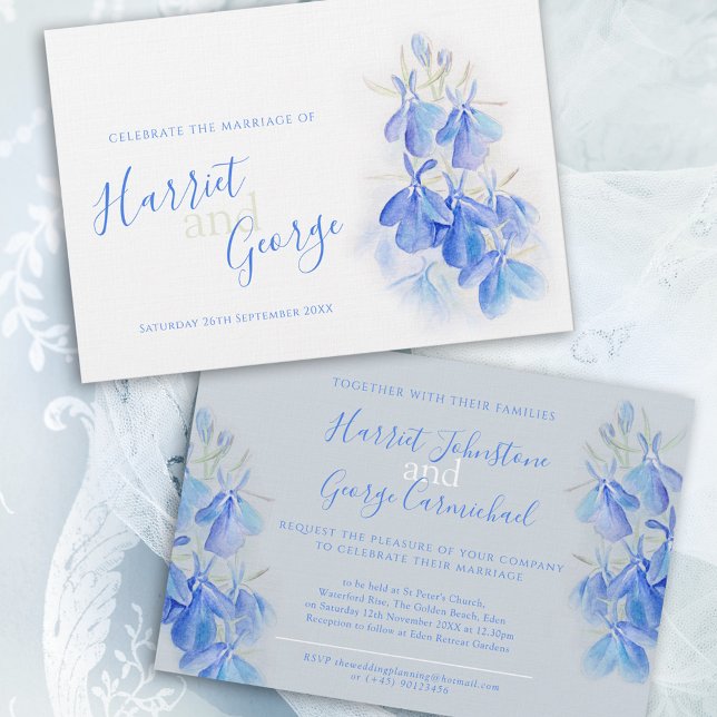 Lobelia blue floral white grey blue wedding invitation (Creator Uploaded)