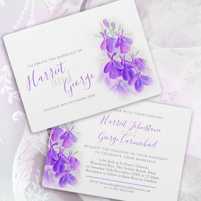 Lobelia purple floral watercolor wedding invitation (Creator Uploaded)