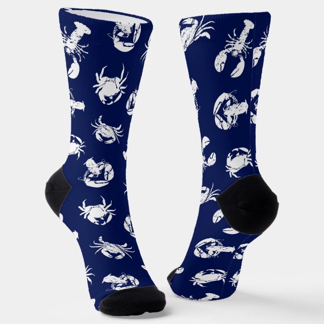 Lobster and Crab Navy Blue and White Patterned Socks (Angled)