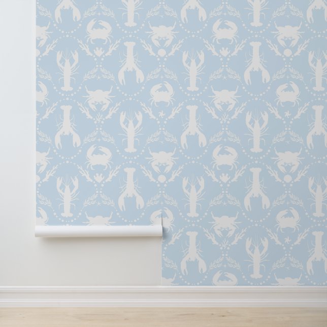 Lobster and Crab Pale Blue and White Wallpaper (Application)