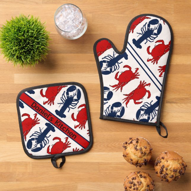 Lobster and Crabs Crustacean Seafood Oven Mitt & Pot Holder Set (Top Down)
