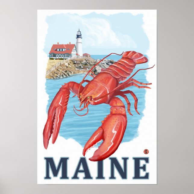 Lobster and Portland Lighthouse Scene Poster (Front)