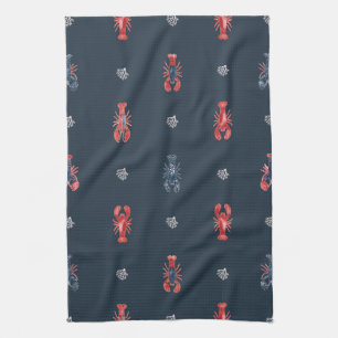 Lobster and Sea Coral Pattern on Navy Tea Towel