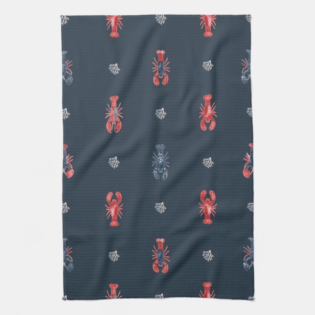 Lobster and Sea Coral Pattern on Navy Tea Towel (Vertical)