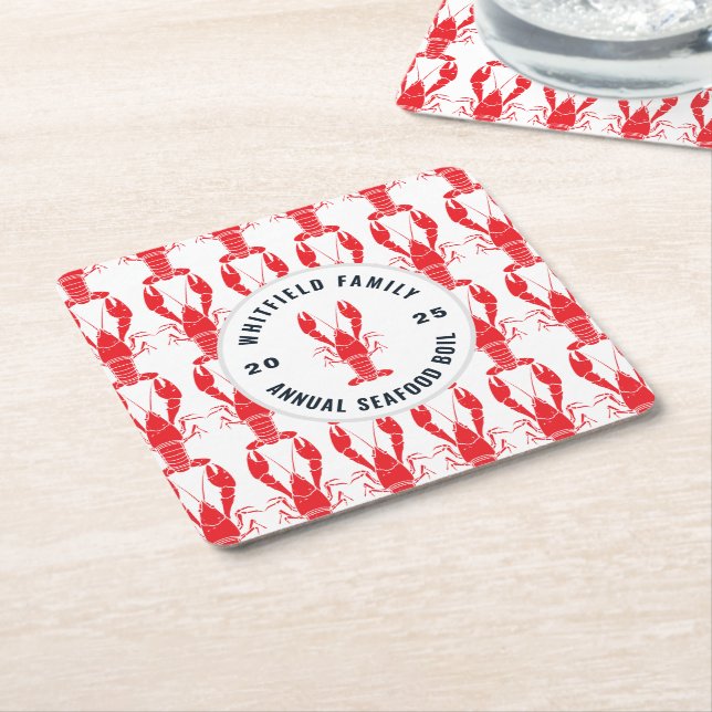 Lobster Bake Pattern Seafood Boil Square Paper Coaster (Angled)