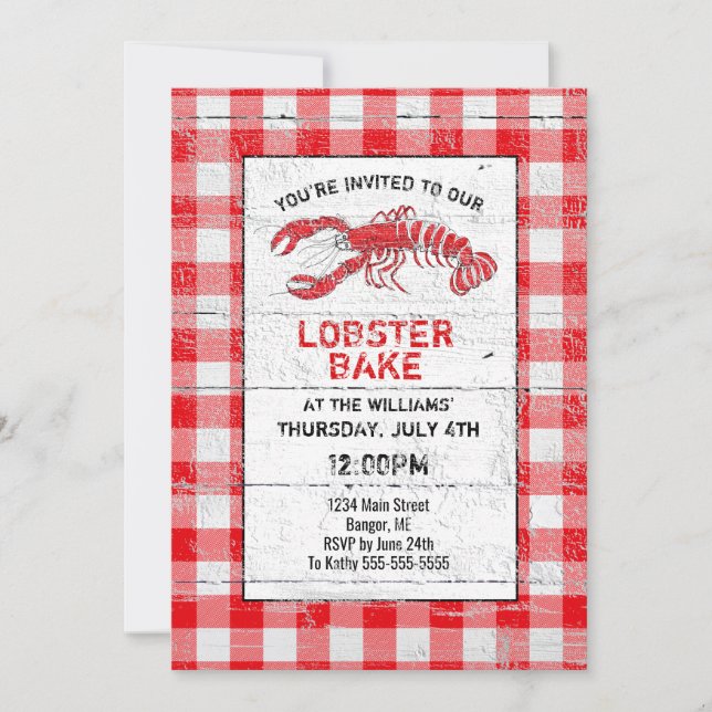 Lobster Bake Rustic Red Buffalo Plaid Invitation (Front)