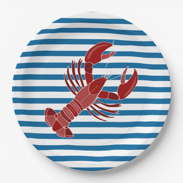 Lobster Blue and White Stripe Paper Plates (Front)
