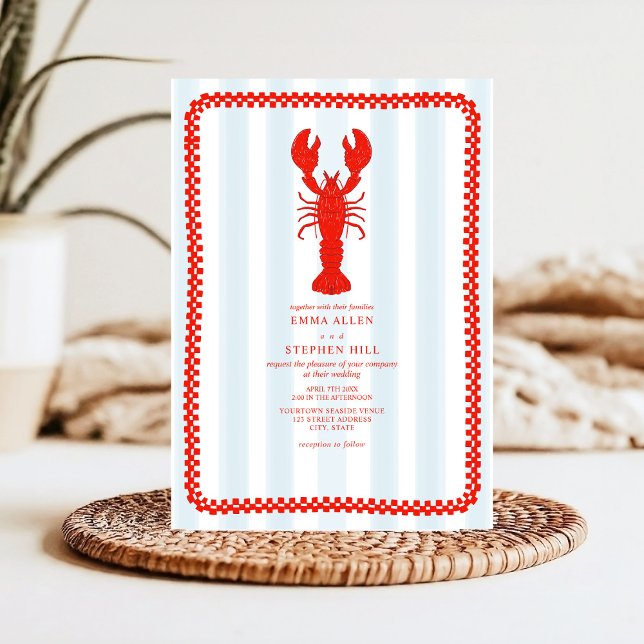 Lobster Blue Stripe Chequerboard Nautical Wedding Invitation (Creator Uploaded)