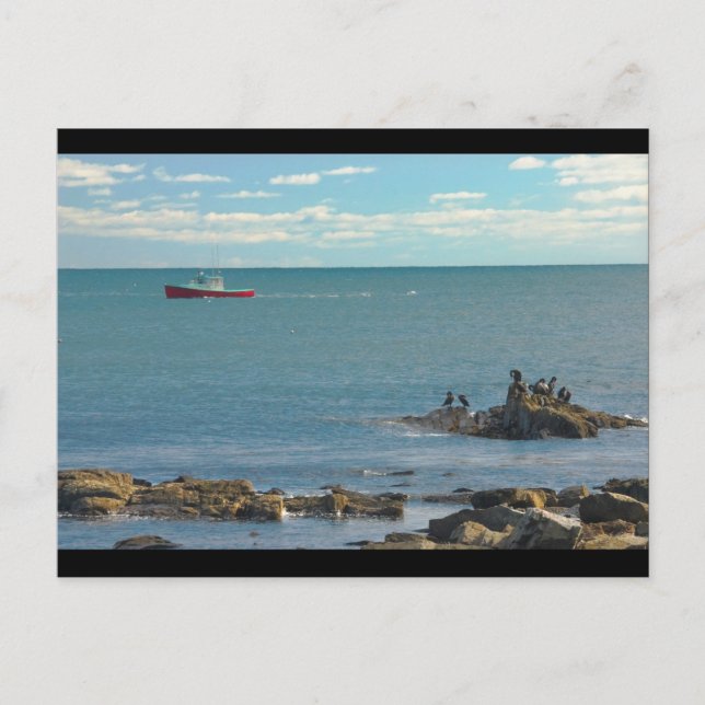 Lobster Boat Working off Rocky Seawall Beach Postcard (Front)