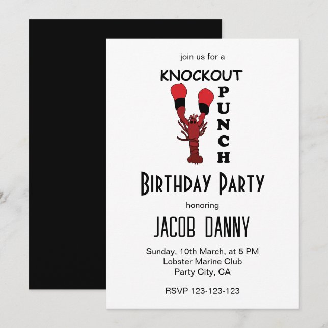 Lobster Boxing Knockout Punch Birthday Party Invitation (Front/Back)
