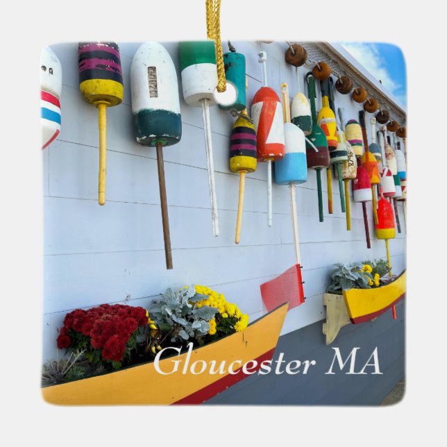 Lobster buoys on a building in Gloucester MA Ceramic Ornament (Front)