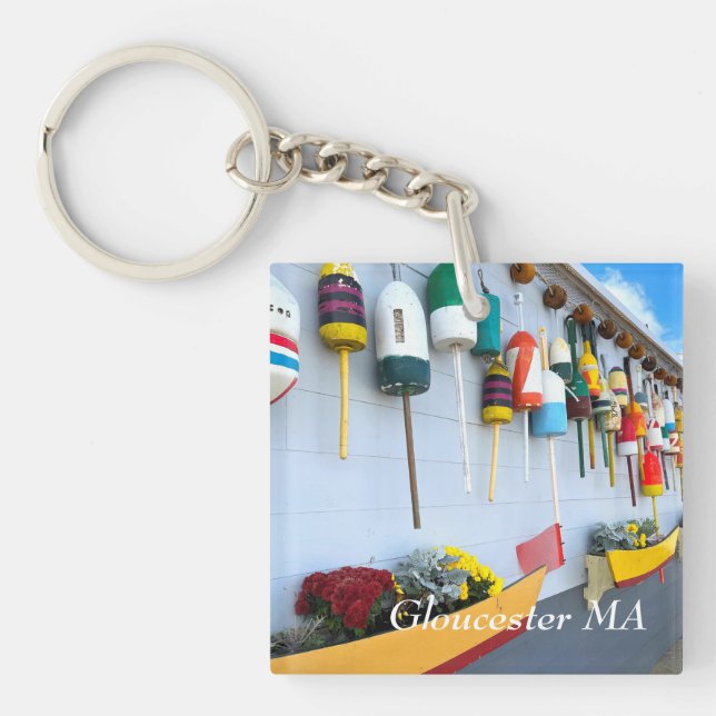 Lobster buoys on a building in Gloucester MA Key Ring (Front)