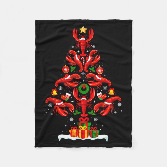 Lobster Christmas Tree Lights Santa Hat Funny Xmas Fleece Blanket (Front)