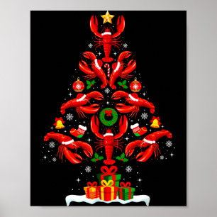 Lobster Christmas Tree Lights Santa Hat Funny Xmas Poster