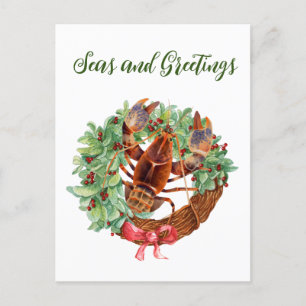 Lobster Christmas Watercolor Wreath  Holiday Postcard