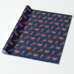 Lobster crab seahorse navy orange pattern coastal wrapping paper