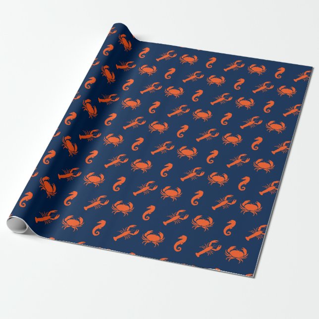 Lobster crab seahorse navy orange pattern coastal wrapping paper (Unrolled)