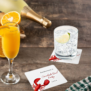 Lobster crawfish boil party red white square paper coaster