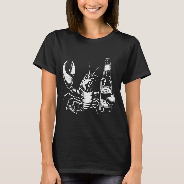 Lobster Crawfish Holding Beer Bottle Funny Crayfis T-Shirt (Front)