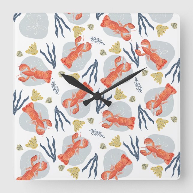 Lobster Crawfish Seafood Under Water Pattern Square Wall Clock (Front)