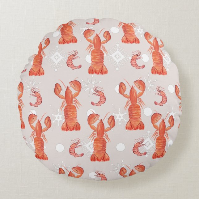 Lobster Crustacean Watercolor Snowflake Pattern  Round Cushion (Front)