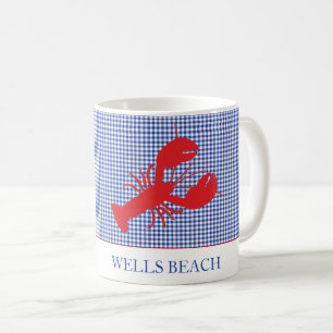 Lobster Custom Text Red White Blue Check Nautical Coffee Mug