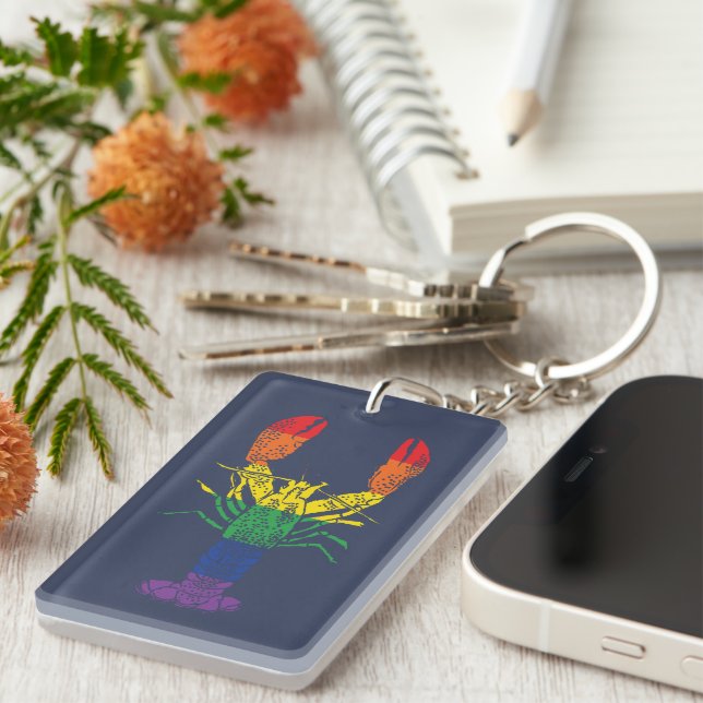 Lobster Graphic with Pride Rainbow Stripes Key Ring (Front Right)
