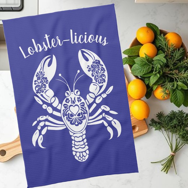 Lobster-Hawaiian-Fisherman Core-Blue Tea Towel (Lobster-Lobster-licious-Hawaiian-Tropical-Fisherman Core-Kitchen Towel-Blue)