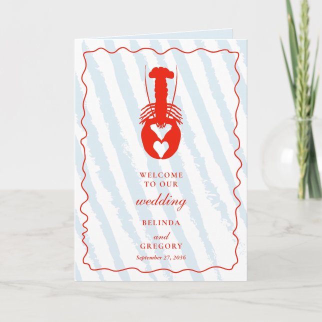 Lobster Heart Blue Stripe Wedding Order of Servics Programme (Front)
