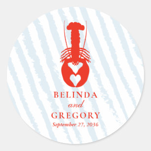 Lobster Heart Blue Stripes Nautical Beach Wedding Classic Round Sticker