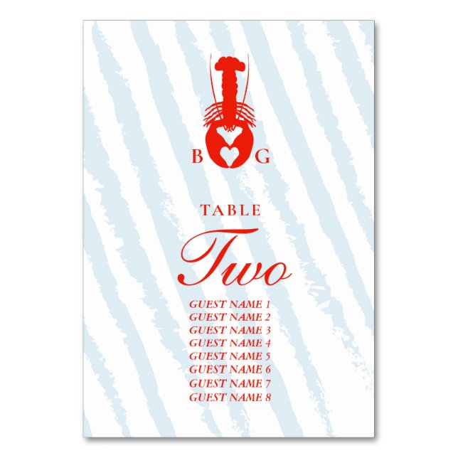Lobster Heart Blue Stripes Nautical Beach Wedding Table Number (Front)
