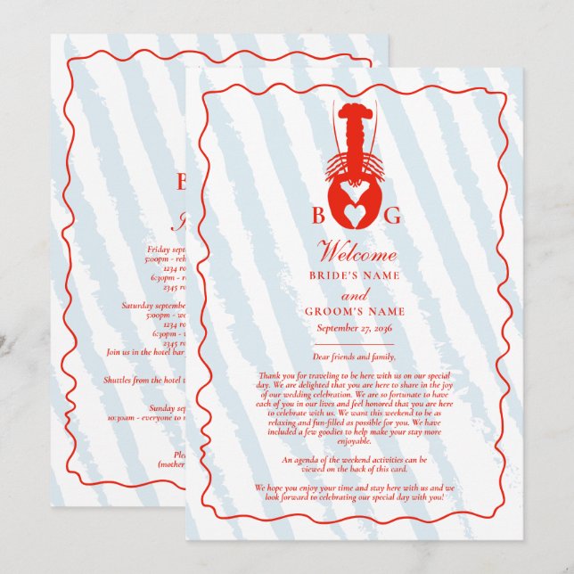 Lobster Heart Blue Stripes Wedding Itinerary Programme (Front/Back)