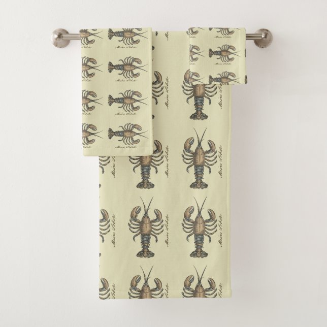 Lobster Illustration Antique Maine Seafood Bath Towel Set (Insitu)