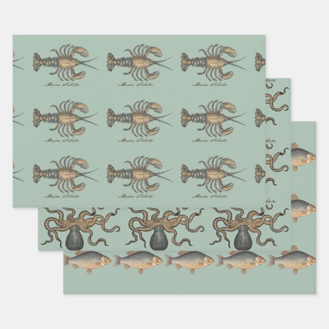 Lobster Illustration Antique Maine Seafood Wrapping Paper Sheet (Set)