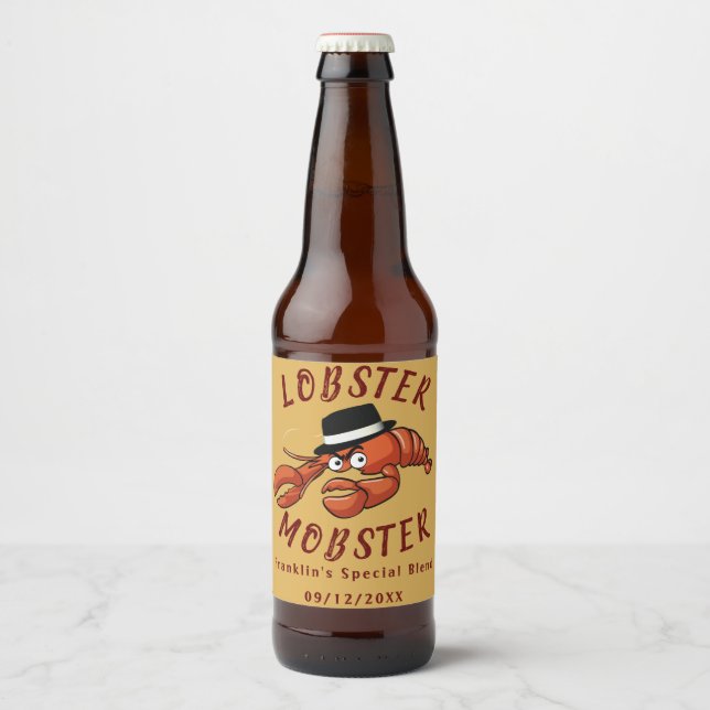 Lobster Mobster 🦞 Wide-Eyed Cute Cartoon Gangster Beer Bottle Label (Front)