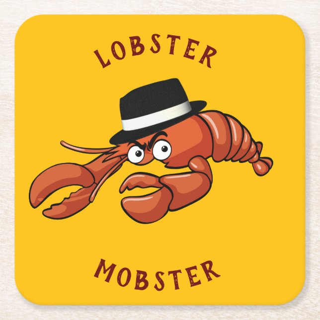 Lobster Mobster 🦞 Wide-Eyed Cute Cartoon Gangster Square Paper Coaster (Front)