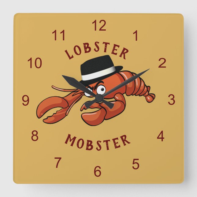 Lobster Mobster 🦞 Wide-Eyed Cute Cartoon Gangster Square Wall Clock (Front)