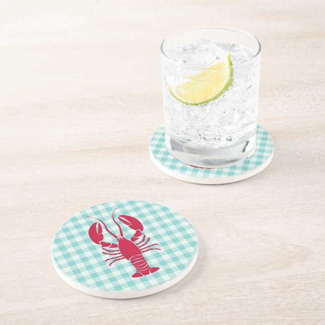 Lobster on Blue Gingham  Coaster (Side)